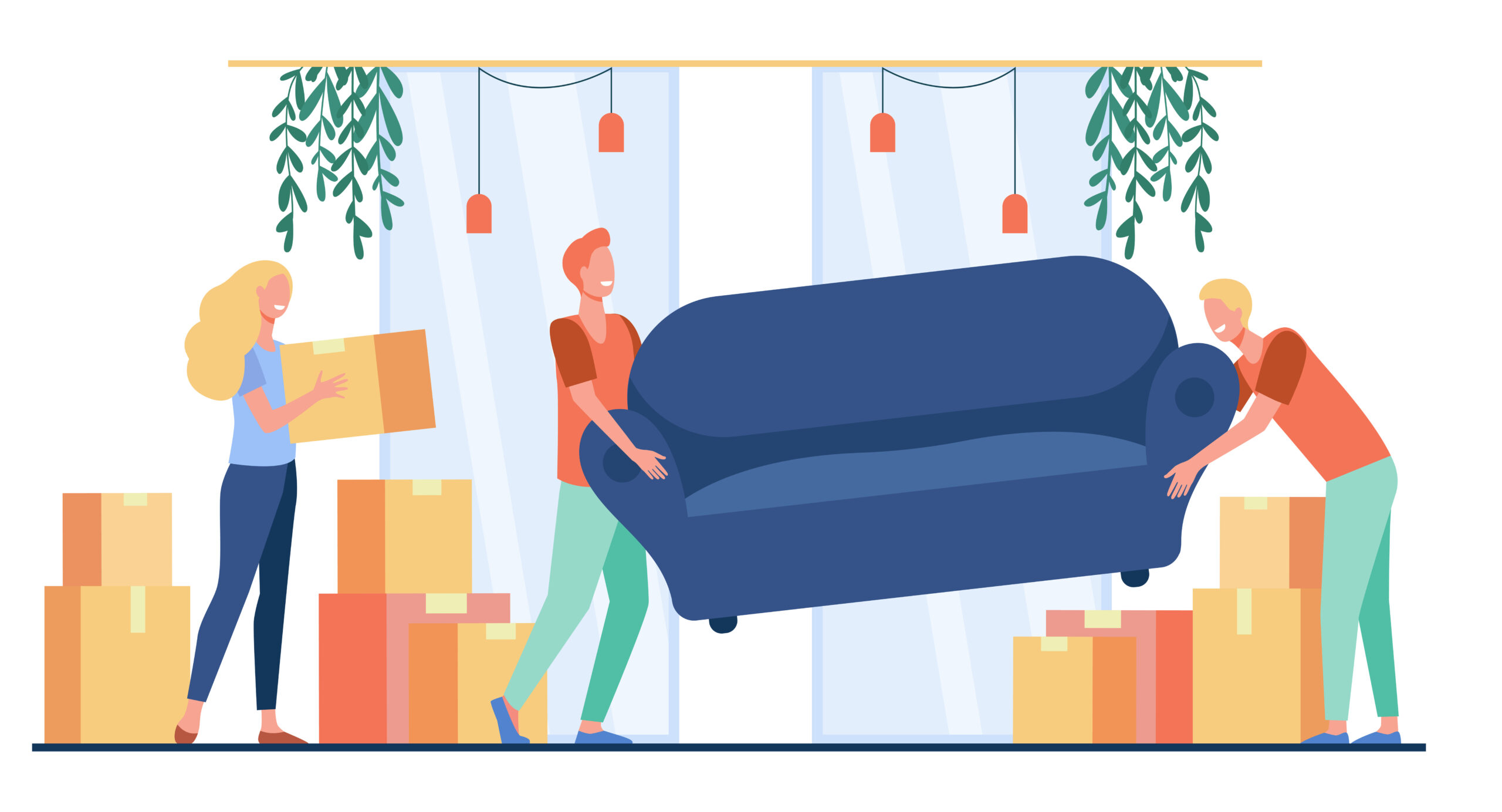 Happy people moving into new home. Cartoon characters carrying carton boxes and sofa indoors. Vector illustration for property buying, new house, moving service concept